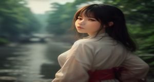 手机自拍三分法构图示意，创作者在户外绿色植被背景下自拍，阳光明媚